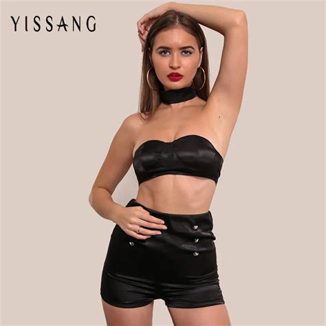 Yissang Summer New Sleeveless Satin Strapless Crop Top And Shorts Women Two Piece Set With