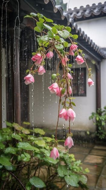 Premium AI Image | A tree with pink flowers in the rain