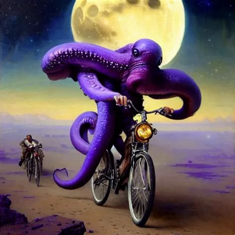 A Giant Purple Octopus Riding A Bicycle On The Moon Stable Diffusion