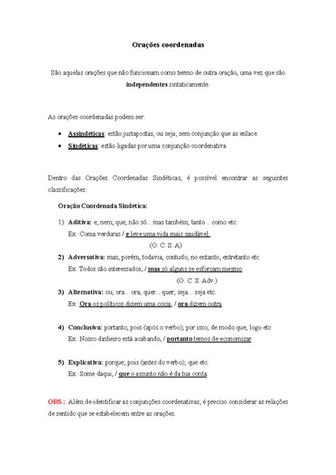 Atividade sobre Orações Coordenadas: Tipos e Exemplos - Studocu