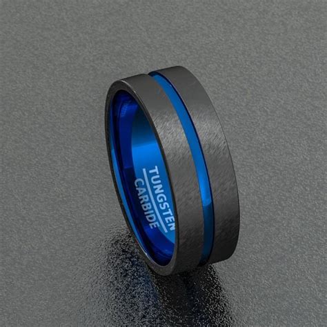 Tungsten Wedding Band Two Tone 8mm Black Mens Ring Center Blue Groove