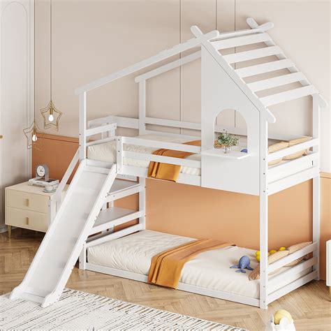 Lit superposé bas Lit enfant 90 x 200 cm avec toboggan cadre de lit