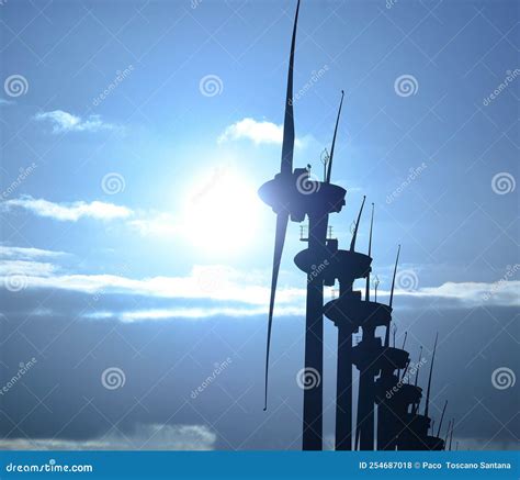 Backlit Windmills And Blue Sky Background Stock Photo Image Of Light