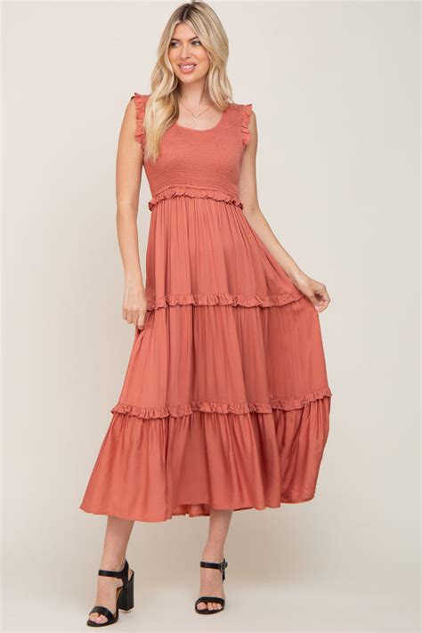 Rust Smocked Ruffle Tier Maxi Dress Pinkblush