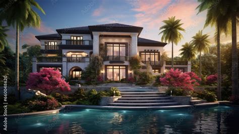 Luxurious three story waterfront mansion in Florida with tropical ...