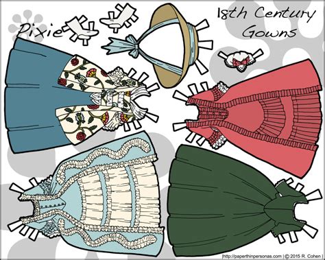 18th Century Paper Doll Dresses In Color Or Black And White Paper