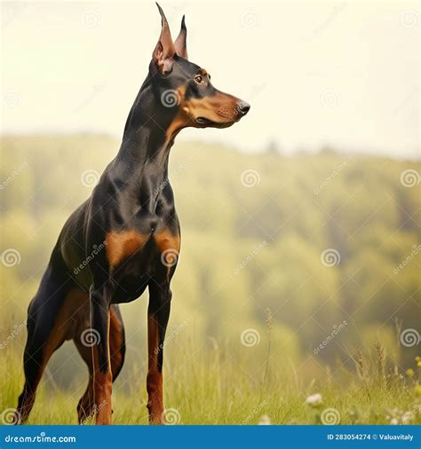 Doberman Pinscher Standing On The Green Meadow In Summer Doberman