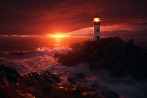 Premium AI Image | A cliffside lighthouse beaming through the fiery c ...