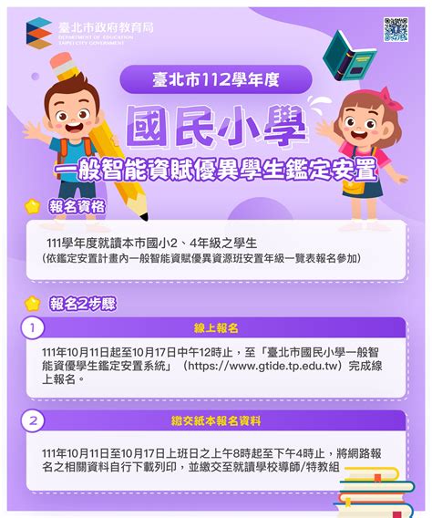 教育局新聞稿1111005臺北市112學年度國民小學一般智能資賦優異學生鑑定於111年10月11日至10月17日受理報名 好視新聞網