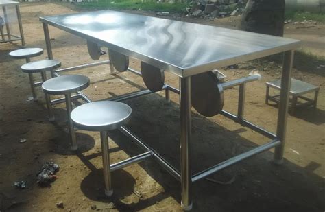 Stainless Steel 4 Seater SS Canteen Dining Table With Folding Stool At