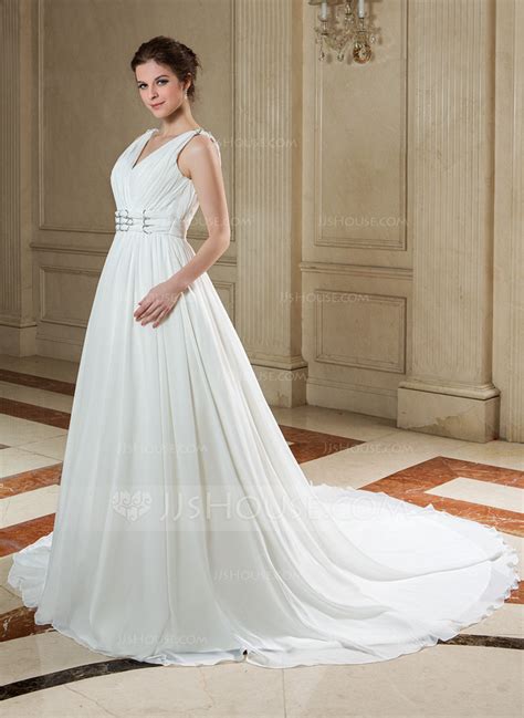 A Line Princess V Neck Chapel Train Chiffon Wedding Dress With Ruffle