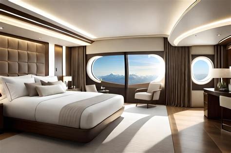 Premium Photo | A hotel room with a view of mountains and a mountain view.