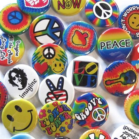 24 Groovy Button Pack Colorful Hippie Peace Heart Happy Pins Etsy