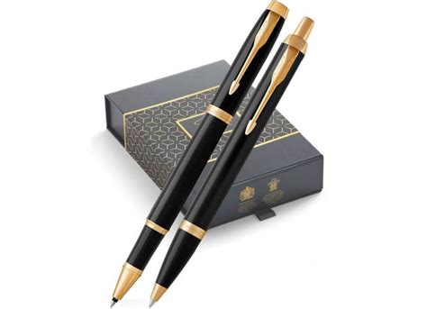 Parker IM Black Gold Trim Ballpoint Rollerball Pen Gift Set