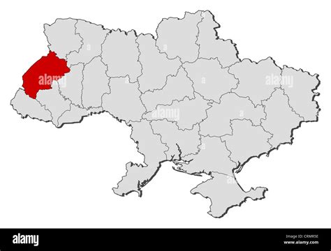 Mapa político de Ucrania con las varias regiones donde Lviv es