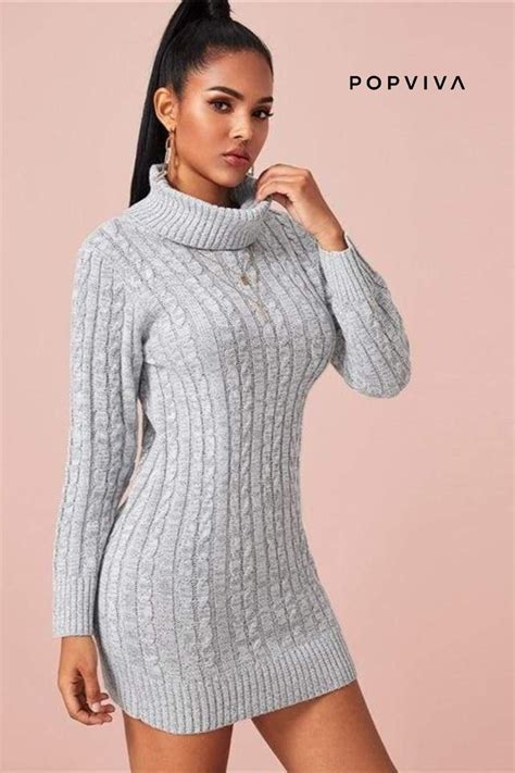 Grey Turtleneck Cable Knit Sweater Mini Dress Cable Knit Sweater Dress Sweater Fashion