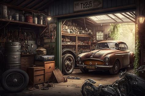 Premium Ai Image An Old Garage With A Vintage Car Parked Inside