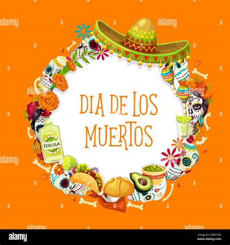 Dia de los muertos símbolos tradicionales en marco redondo. Vector día ...