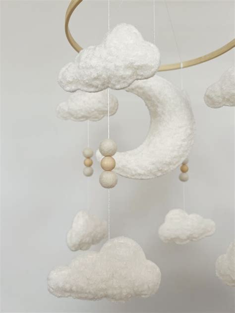 Moon Clouds Bouclé Cot Mobile WITH beads felt balls Felt ball