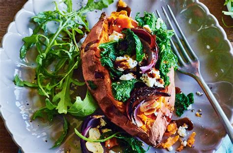 Baked Sweet Potatoes With Kale Feta Chilli And Onion Tesco Real Food