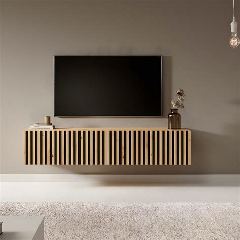 Mueble De TV Colgante Roble Artesano Con Frente De Listones E