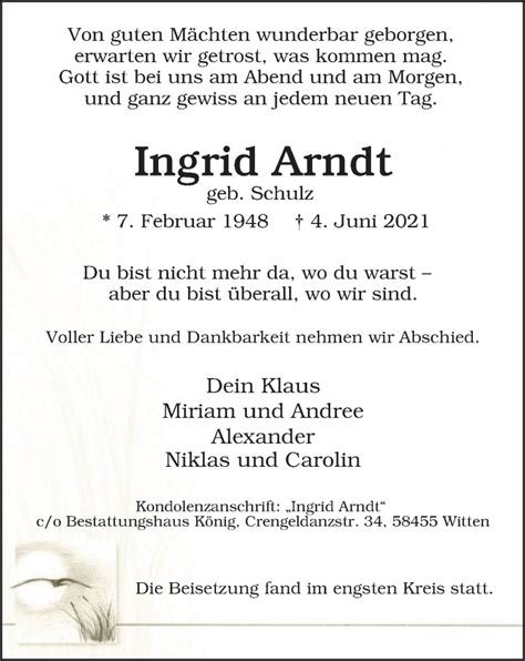 Traueranzeigen Von Ingrid Arndt Trauer In Nrw De