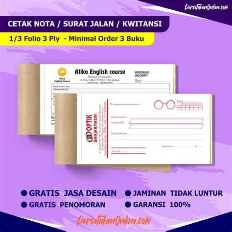 Jual NOTA KWITANTSI CUSTOM 10 5x21 Cm 3 PLY CETAK NOTA 3 RANGKAP