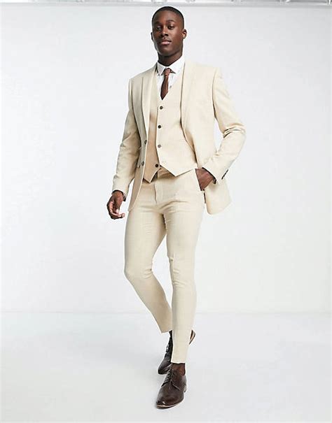 Asos Design Wedding Super Skinny Suit In Stone Crosshatch Asos