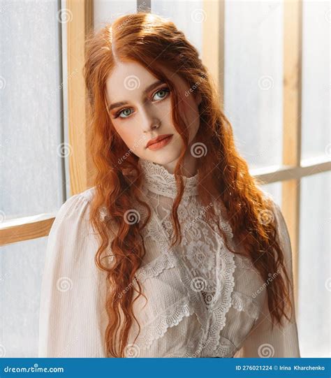 Portrait Fantasy Beauty Red Haired Woman Green Eyes Looking At Camera