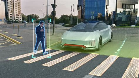 Self Driving 3D Car Concept Person Steps On A Crosswalk Autonomous