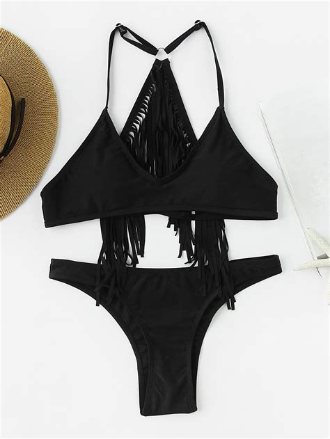 Fringe Back Ring Detail Bikini Set Shein Sheinside