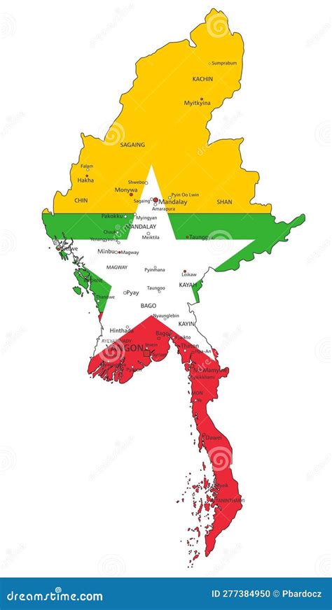 Myanmar Detailed Political Map With National Flag Isolated On White