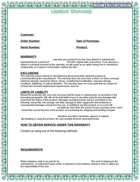 Warranty Template Free Printable Documents