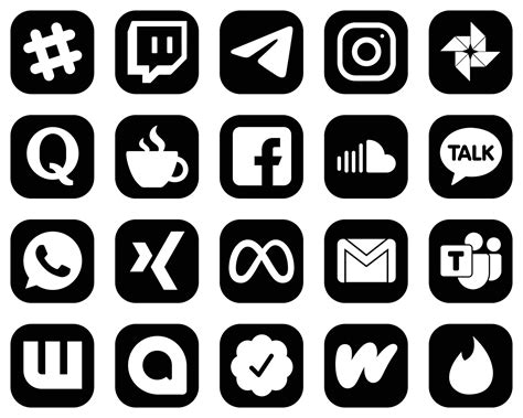 20 Modern White Social Media Icons On Black Background Such As