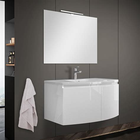 Mobile Bagno Sospeso Curvo Cm Bianco Lucido Con Lavabo E Specchio