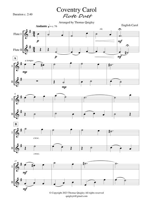 Coventry Carol Arr Thomas Quigley By English Carol Sheet Music For Violin Duet At Sheet Music