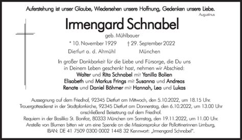 Traueranzeigen Von Irmengard Schnabel Sz Gedenken De