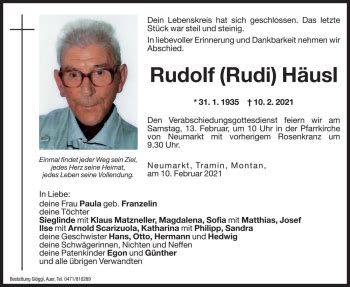 Traueranzeigen von Rudolf Häusl Trauer bz