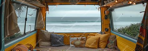 Premium Photo | Interior of vintage van on the beach AI generated