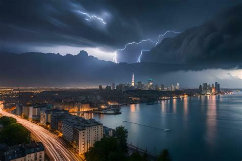 lightning strikes over a city skyline and water. AI-Generated 32299888