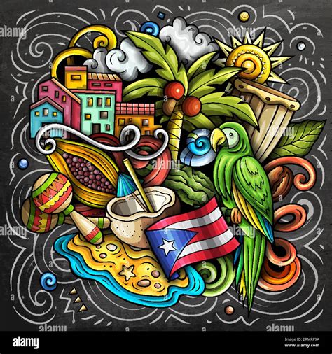 Puerto Rico Dibujo Animado Doodle Ilustración Divertido Diseño Puertorriqueño Fondo De Vector