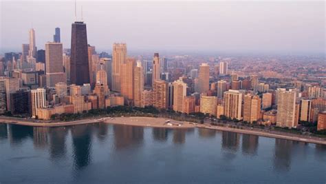 Aerial Sunrise View Chicago Skyline And Waterfront Downtown Financial