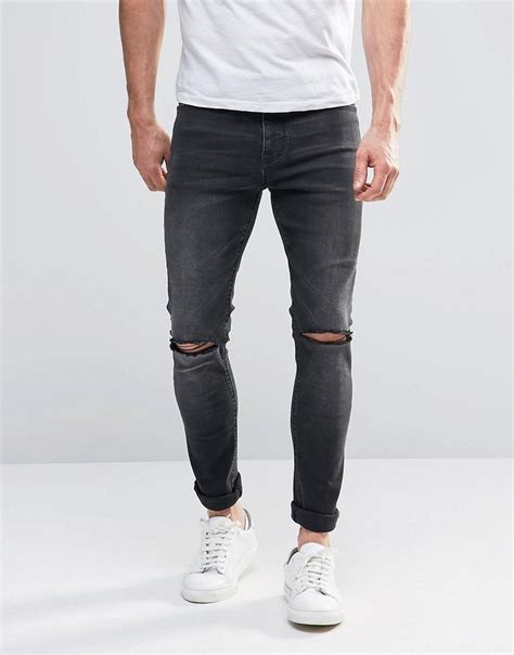 Asos Super Skinny Jeans With Knee Rips In Dark Grey Wash At Asos