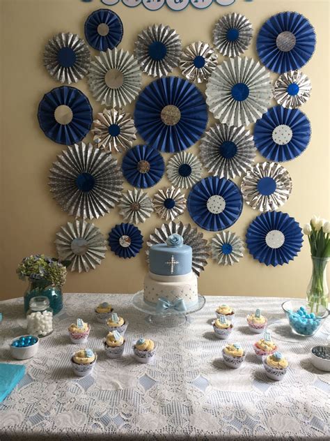 First Communion Party Table Blue And Silver Pinwheels First