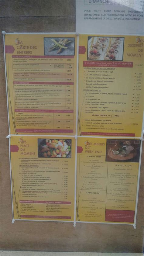 Menu au Auberge du Lac restaurant, Annay