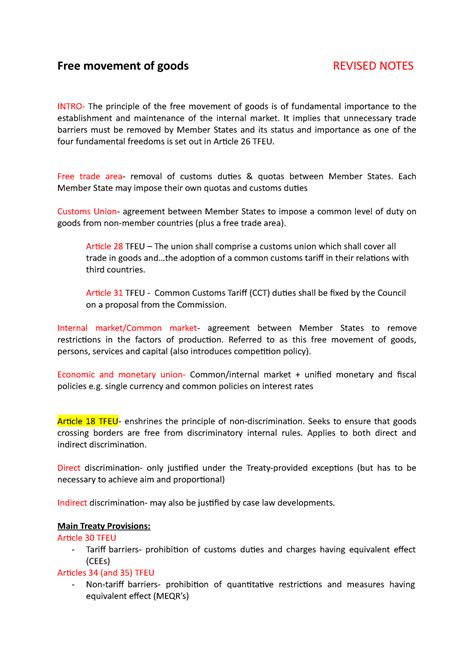 Free Movement Of Goods Eu Law Free Movement Of Goods Revised Notes