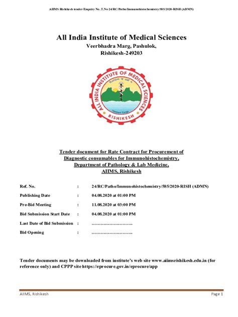 Fillable Online Aiimsrishikesh Edu Tender Document For Rate Contract