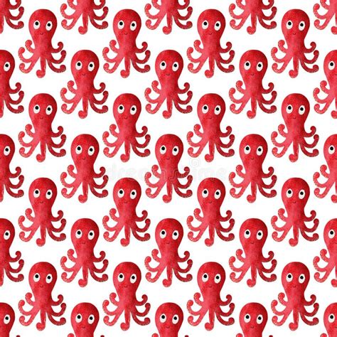 Watercolor Seamless Pattern With Red Cute Cartoon Octopuses Stock