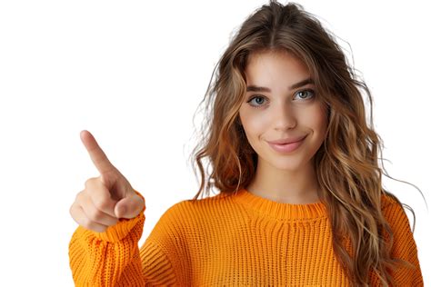 Confident Woman Dressed Orange Sweater Pointing Finger Empty Space On