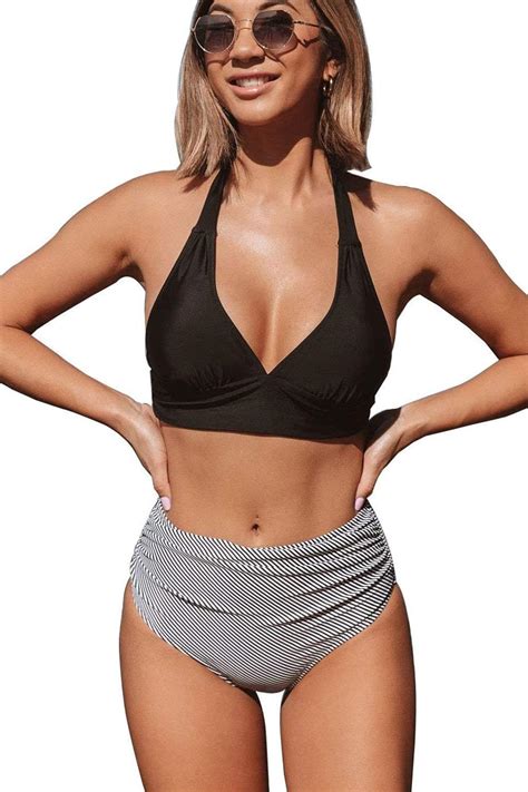 Beachsissi Damen Bikini Hohe Taille Gestreifter Druck Neckholder